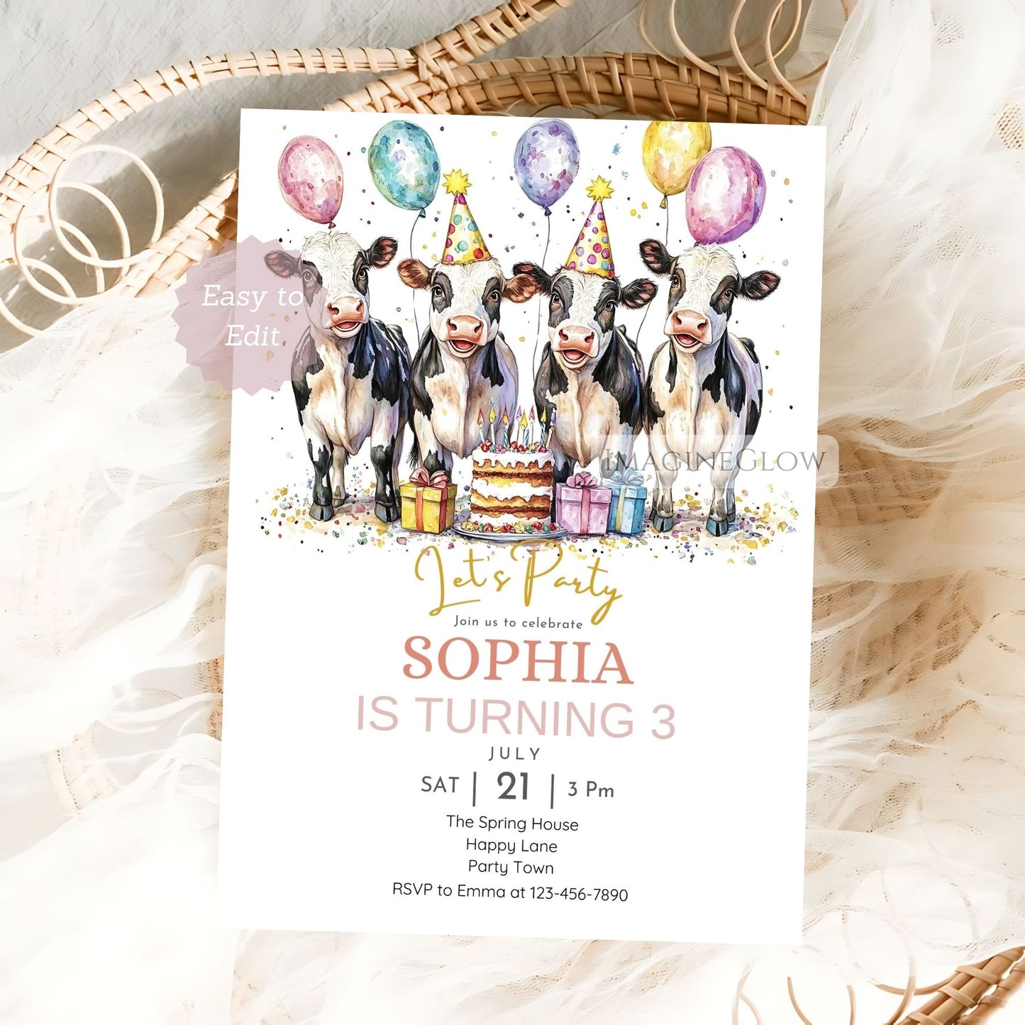 Editable cow party invite for kids

