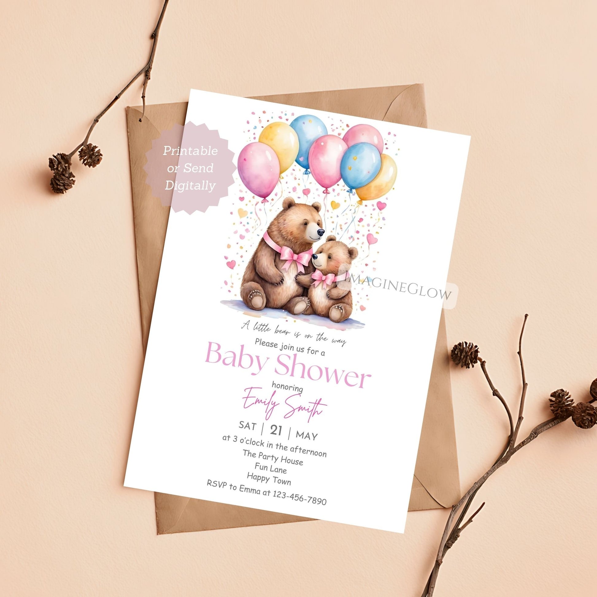 baby bear shower invitation girl
