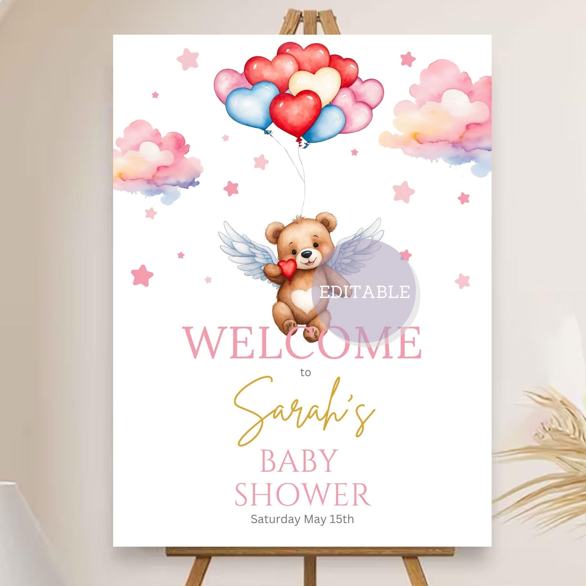 Baby girl shower welcome sign with bear and angel balloons, a printable party decoration.
Customizable bear baby shower sign with a sweet bear and balloon design for baby girl events.