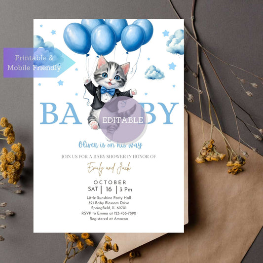 Editable baby shower invite design featuring playful elements and colors for a joyful occasion.