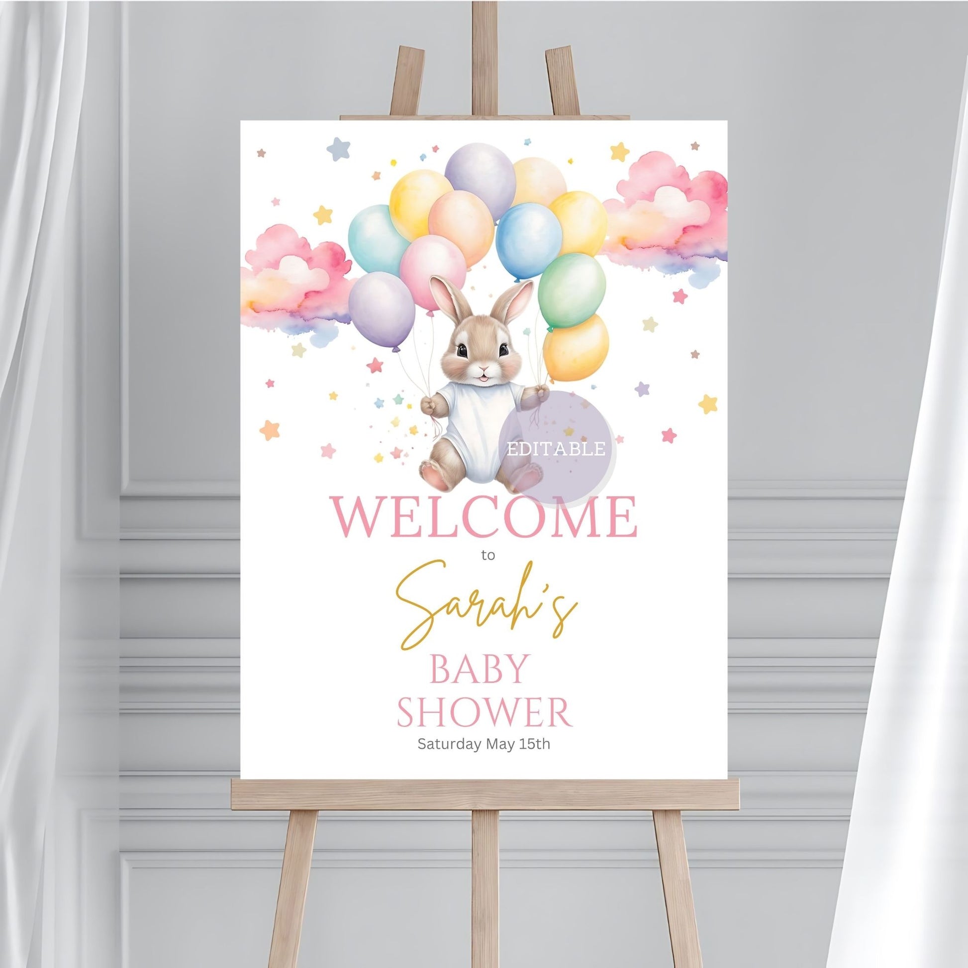 baby shower sign with bunny and balloon theme for 1st birthday.
1st birthday baby shower sign with balloon theme.
Party welcome sign with bunny balloon design for baby shower or 1st birthday.