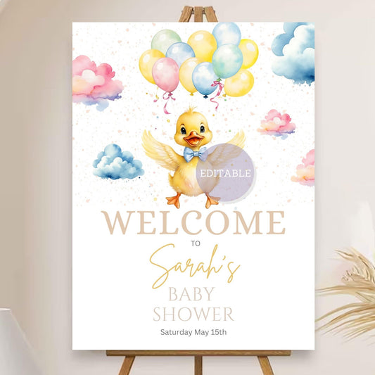 Editable baby shower welcome sign with gender-neutral duck and balloon design.
Customizable baby shower poster with balloon and duck theme for party decor.