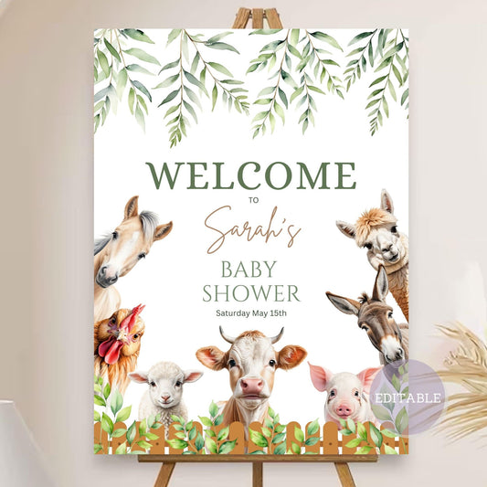 Baby shower welcome sign with farm animals and greenery design.

