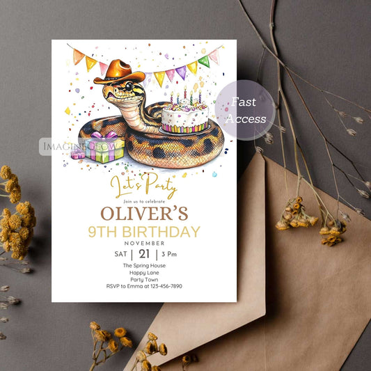 Birthday party invitation with snake wearing a cowboy hat and birthday cake