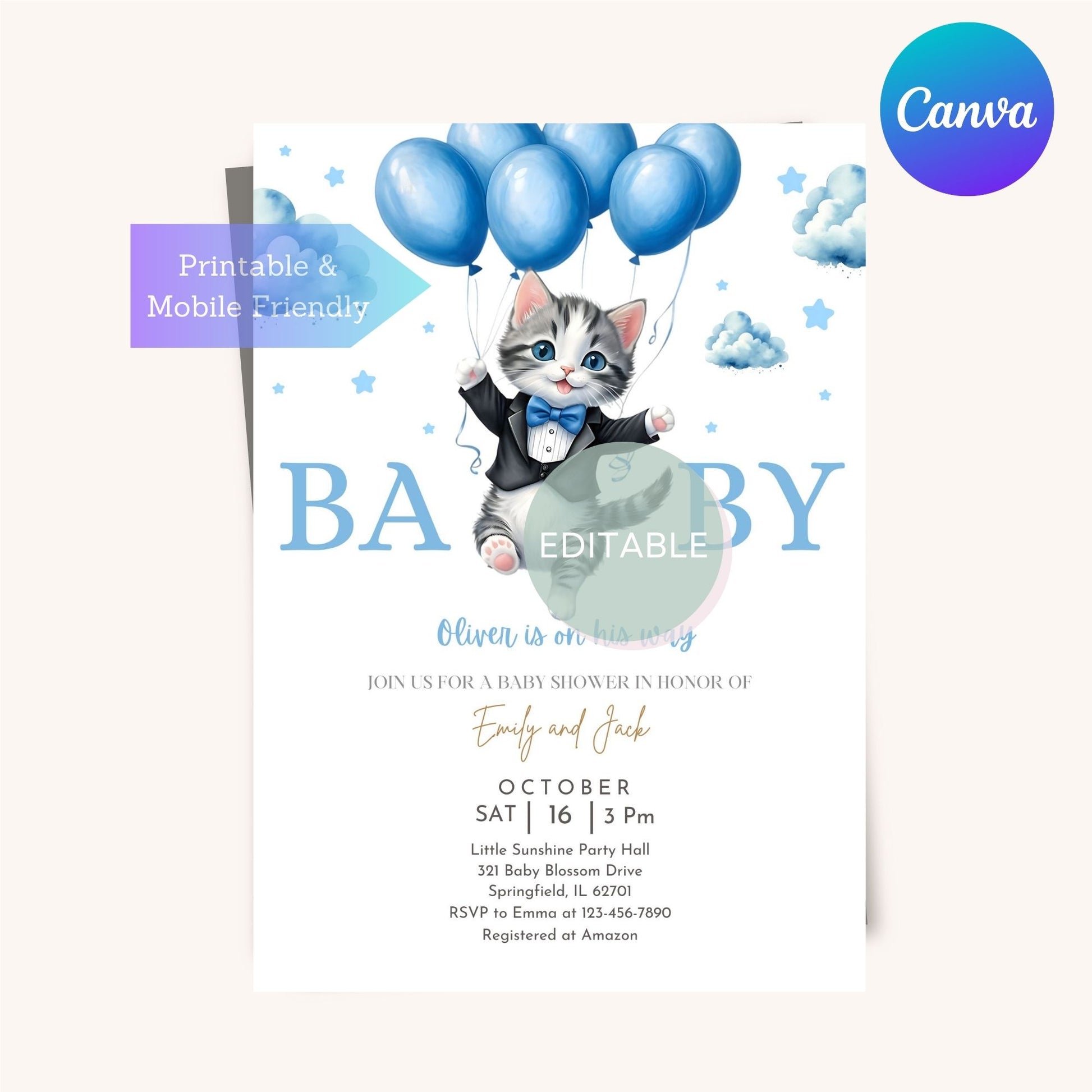 Printable baby boy shower invitation template for a personalized celebration, available as a digital download.