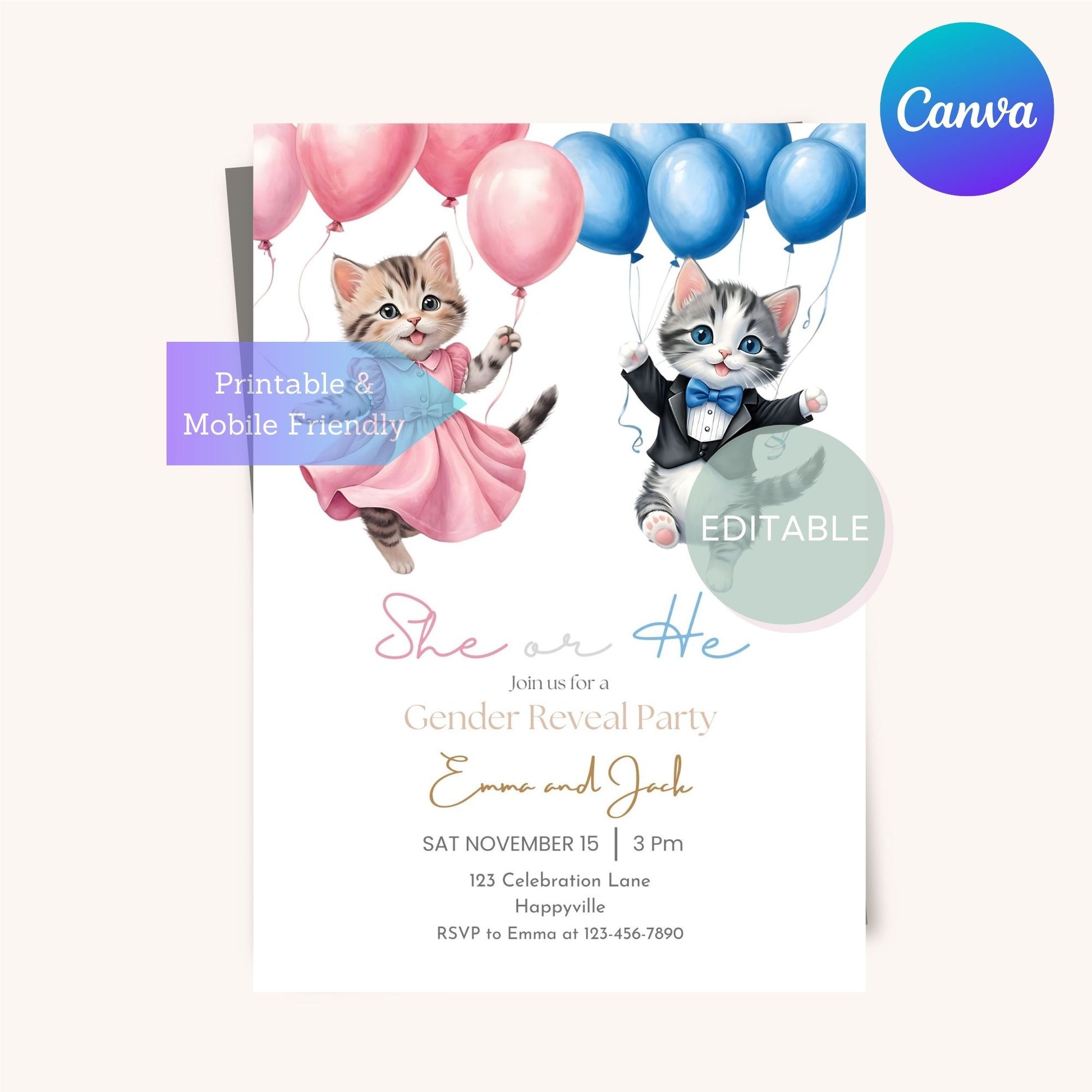 Customizable kitten party invitation template, editable in Canva.