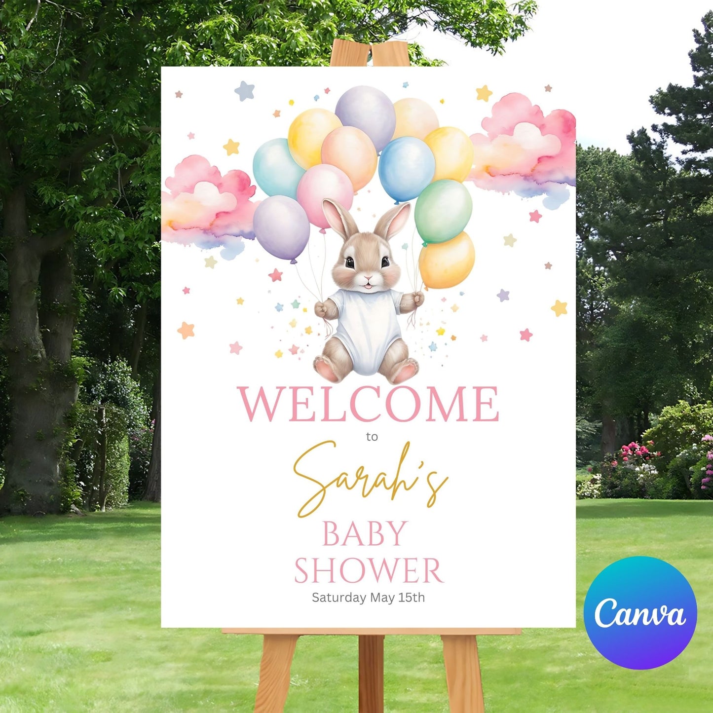 Custom baby shower sign featuring bunny and balloons for a girl.
