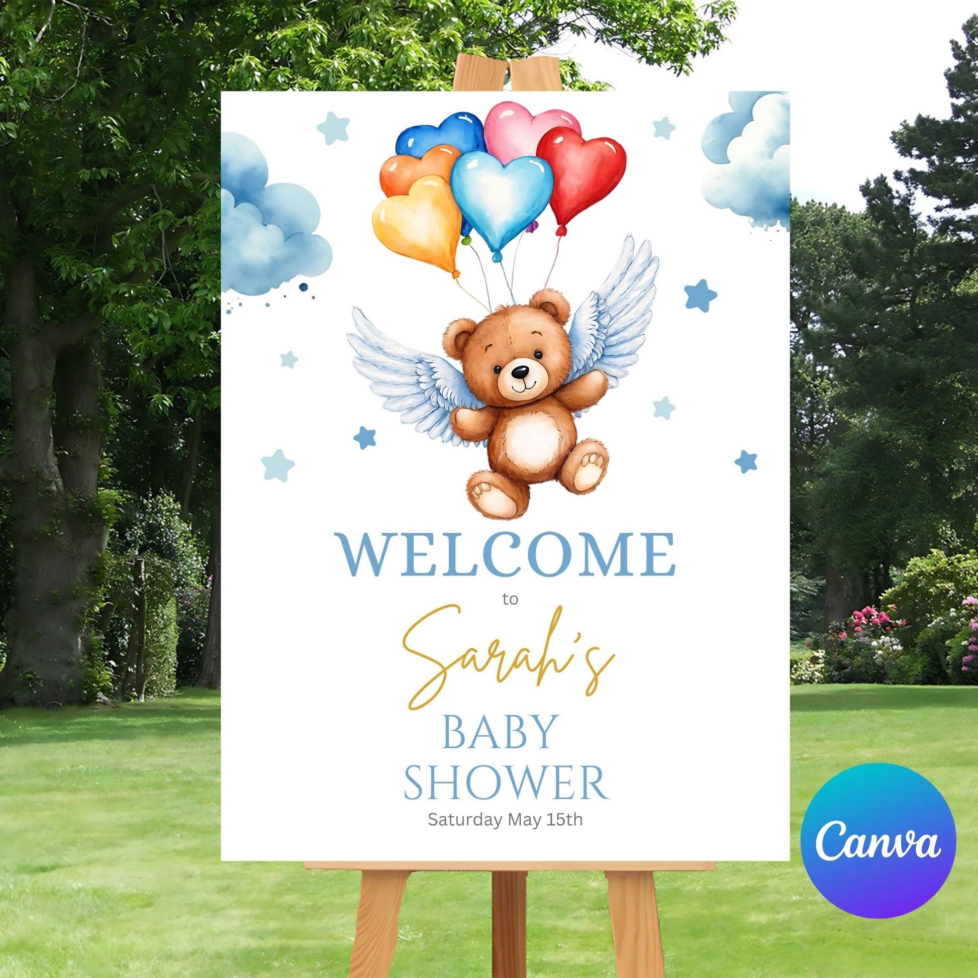 Printable teddy bear and balloons baby shower welcome sign.
