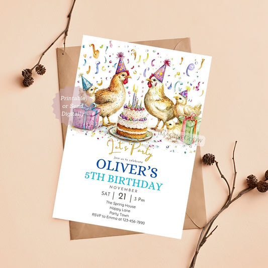 Chicken-themed birthday invitation for kids

