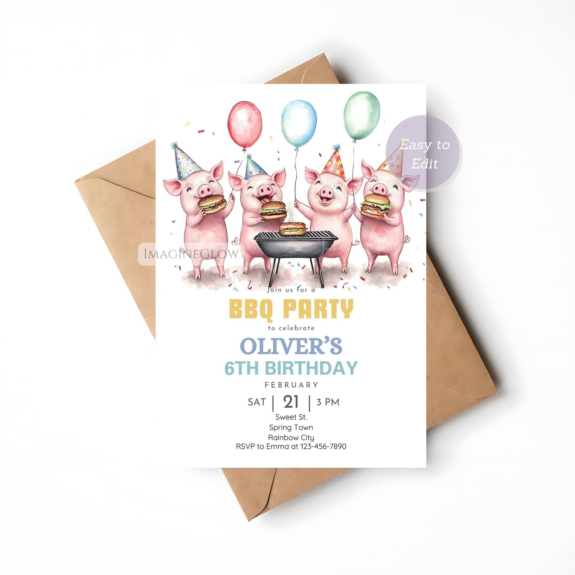 Printable piglet-themed invitation for a backyard BBQ party.
