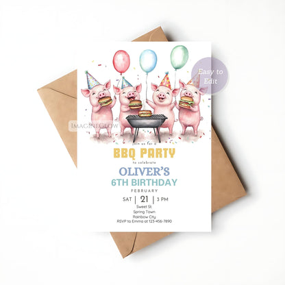 Printable piglet-themed invitation for a backyard BBQ party.
