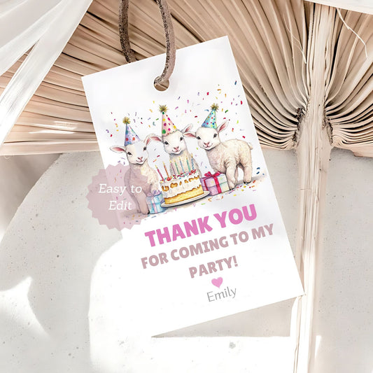 Party favor tag with cartoon sheep and birthday cake, featuring text 'Thank you for coming to my party!'.