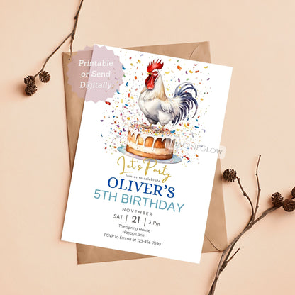 Birthday party invitation with rooster on a cake design