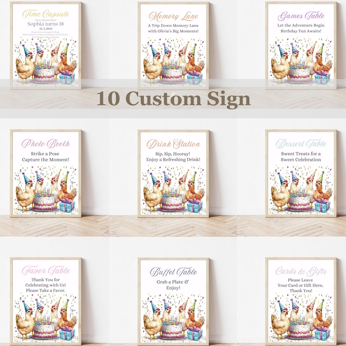 Chicken birthday thank you card and signs
