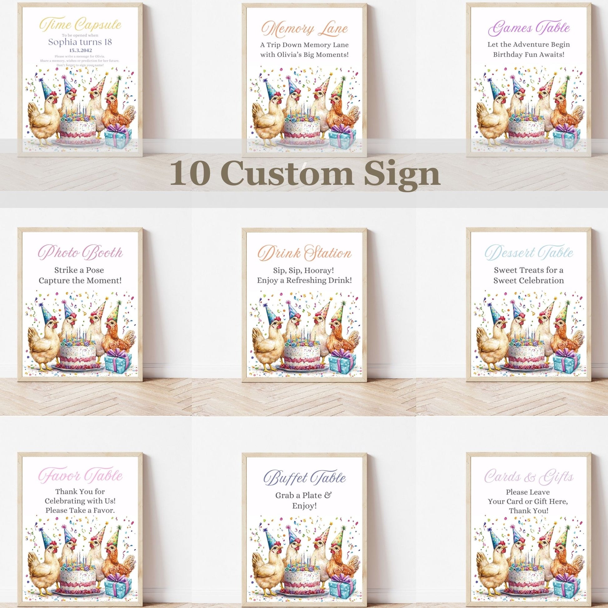 Chicken birthday thank you card and signs
