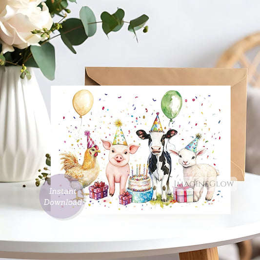 Barnyard farm birthday card with cute animals
Printable barnyard birthday greeting card

