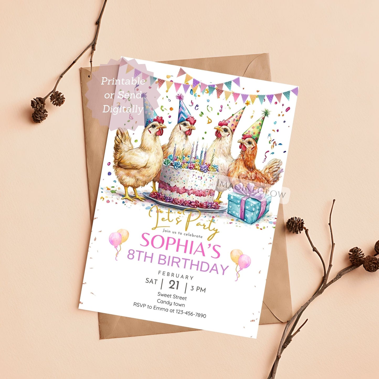 barnyard birthday party card
cute chicken party invitation
