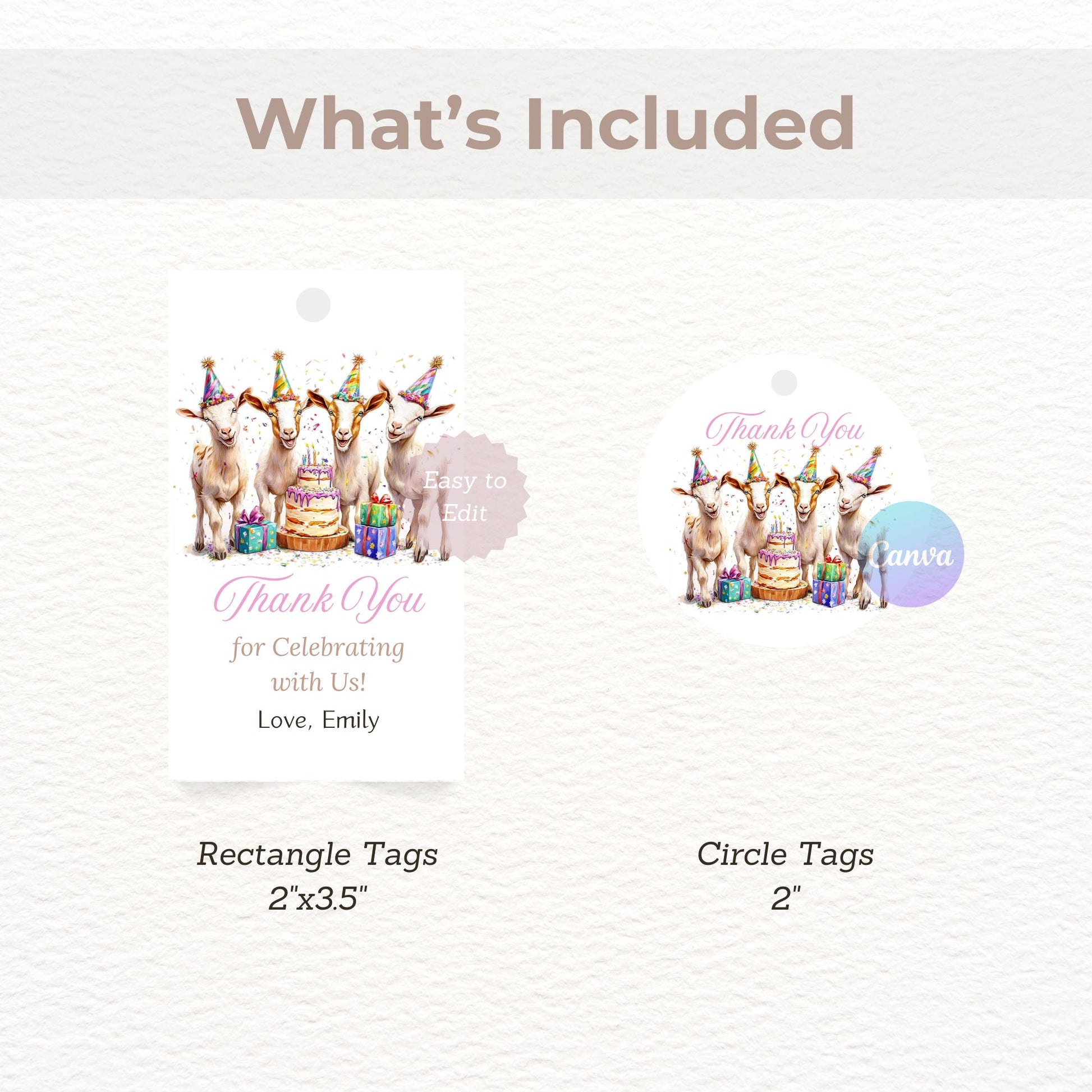 Editable goat party tags
Canva goat favor labels
