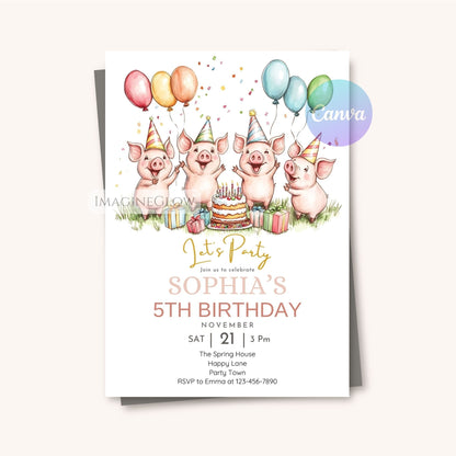 Digital pig birthday invitation for kids
Pink piglet themed birthday invite
