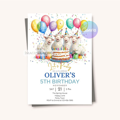 Editable sheep birthday card template
Rustic farm-themed sheep party invite
