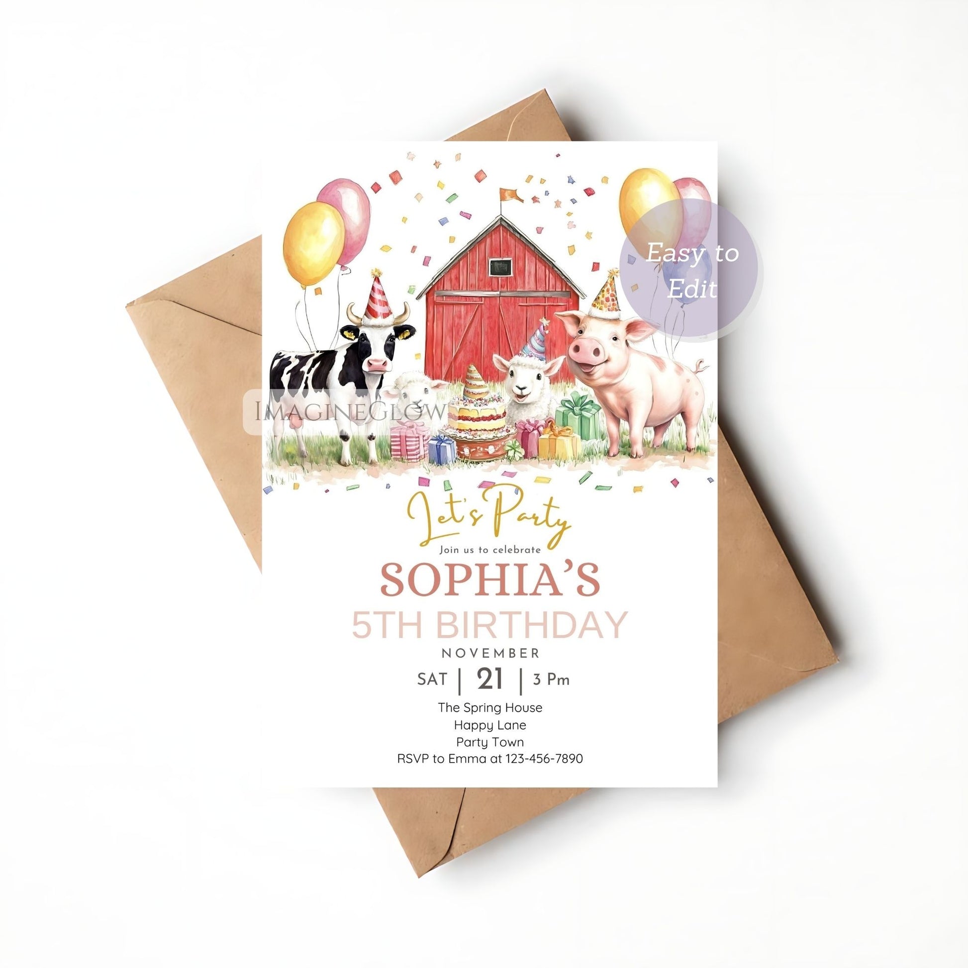 Farm animals birthday invitation with lamb cow and pig
