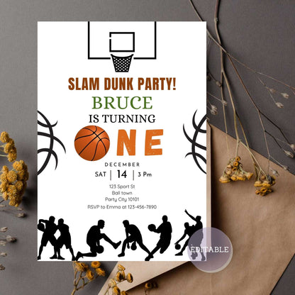 Basketball 1st birthday invitation for baby boy with sports theme.
