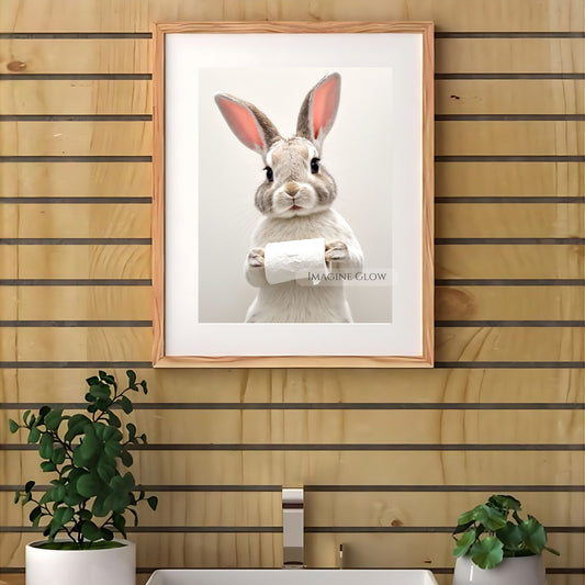 Humorous bunny bathroom wall art with a toilet paper design.
