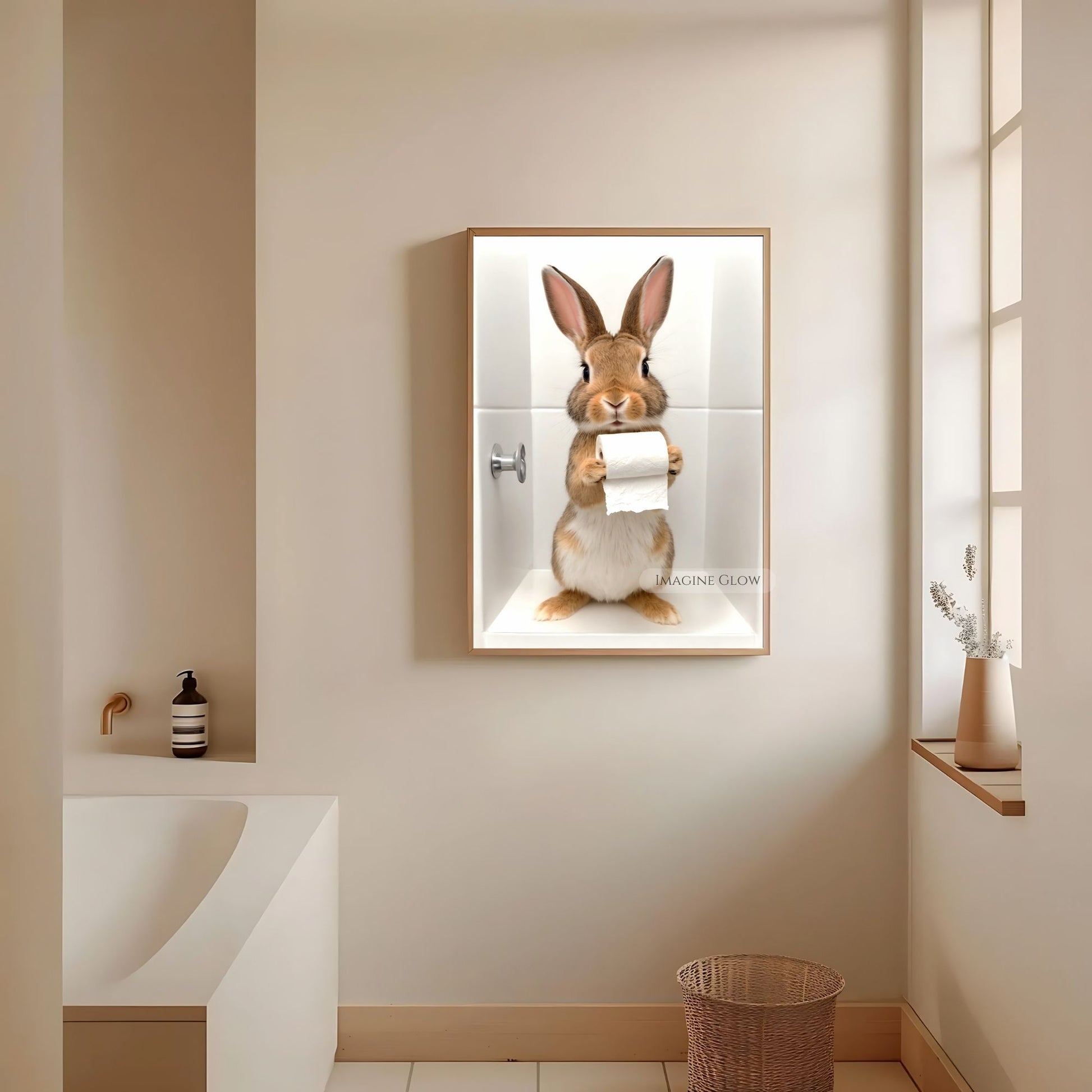 Funny animal bathroom wall art featuring a bunny.
