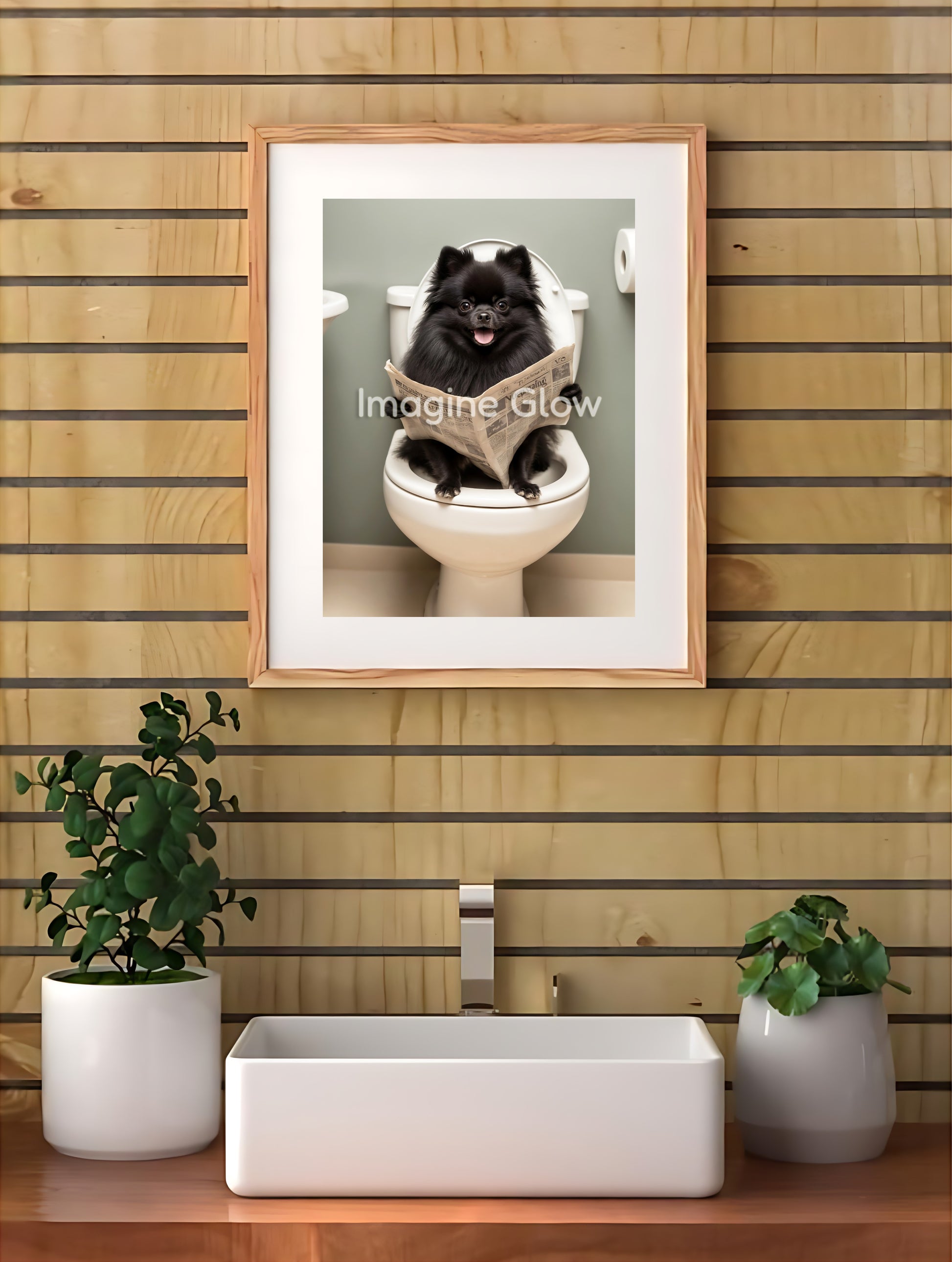 Cute black Pomeranian dog in bathroom with toilet design
Comical digital artwork of a Pomeranian dog sitting on the toilet