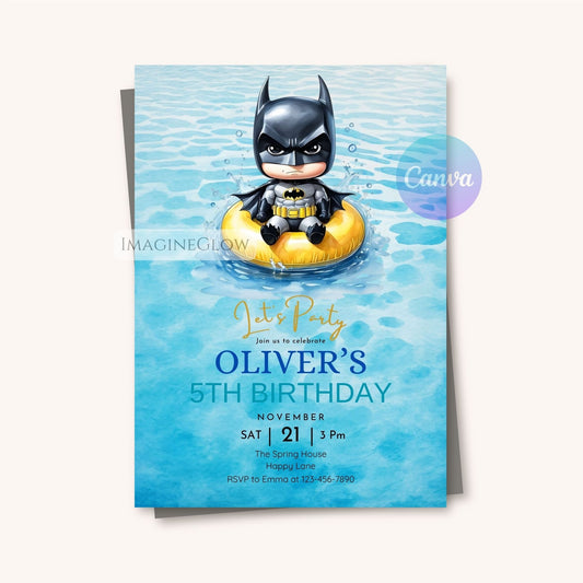 Birthday invitation card with a child in a Batman costume on an inner tube against a blue watercolor background.