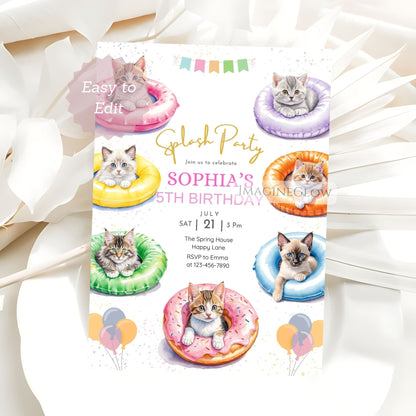 editable cat birthday card
printable kitten pool party invitation
