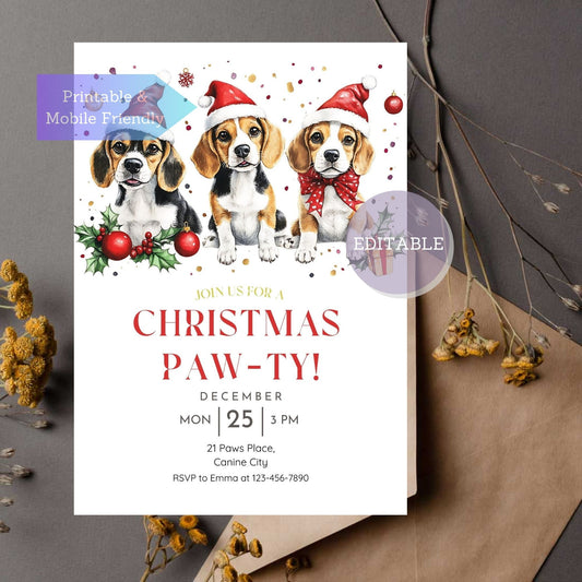 Editable Beagle dog Christmas party invitation template for holiday celebrations