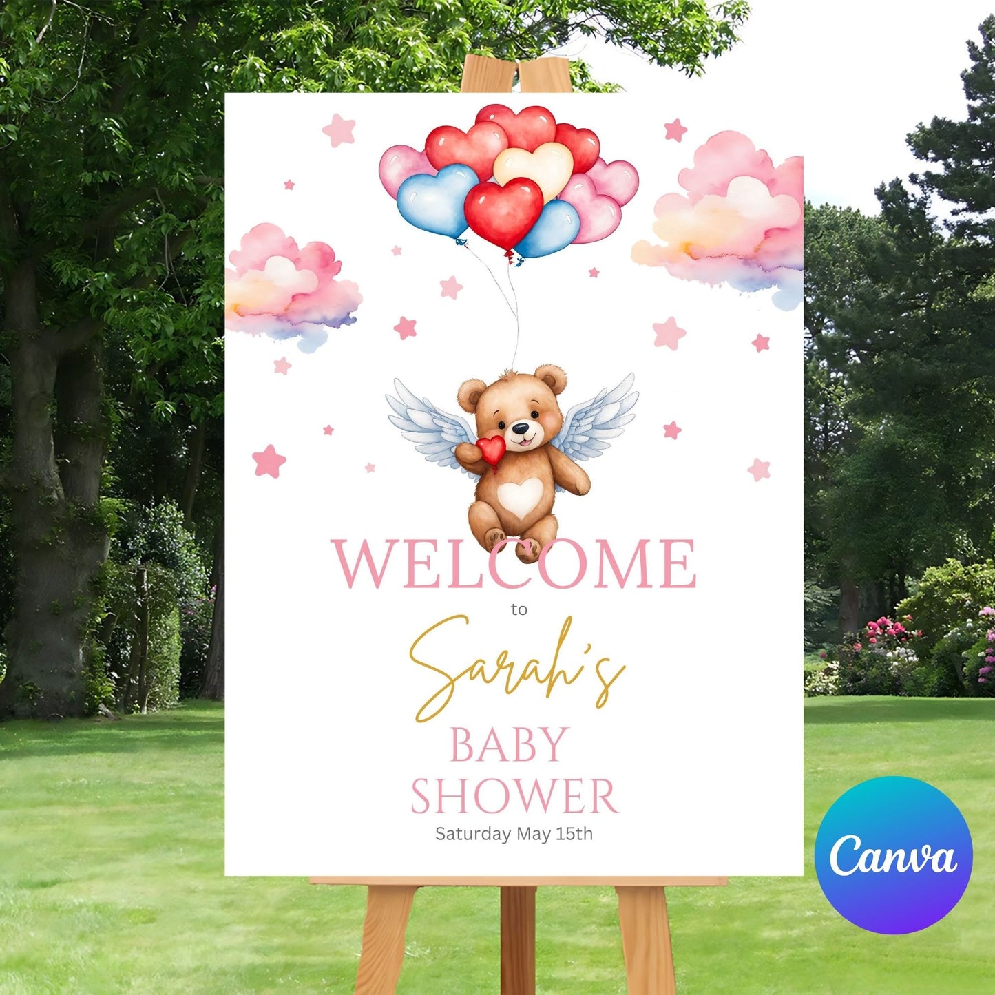 Printable baby girl shower welcome sign with balloon theme.
