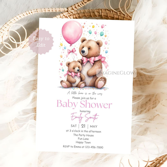 bear baby shower invitation baby girl
nature-inspired baby shower pink invite