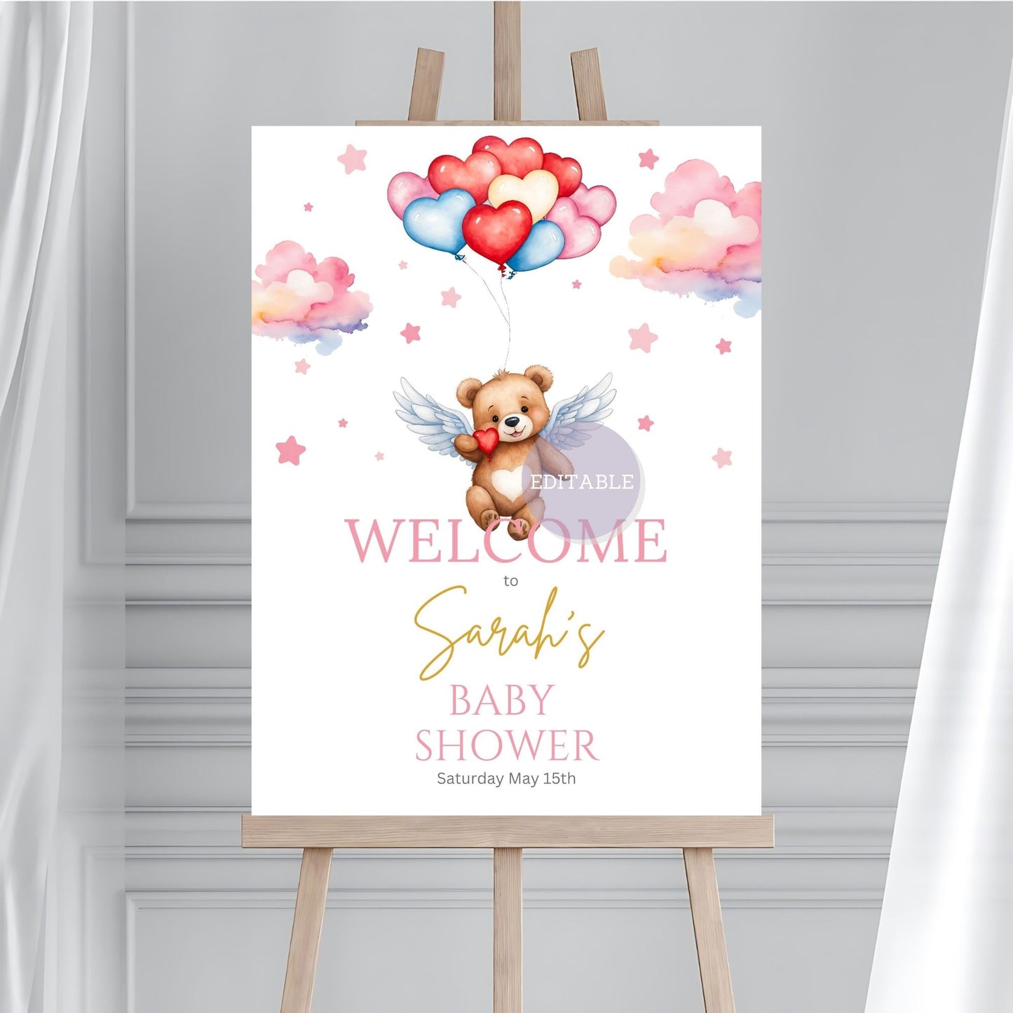 Bear baby shower welcome sign with angel balloons design, perfect for a baby girl celebration.
Editable bear baby shower poster featuring a balloon theme for a girl’s party decor.