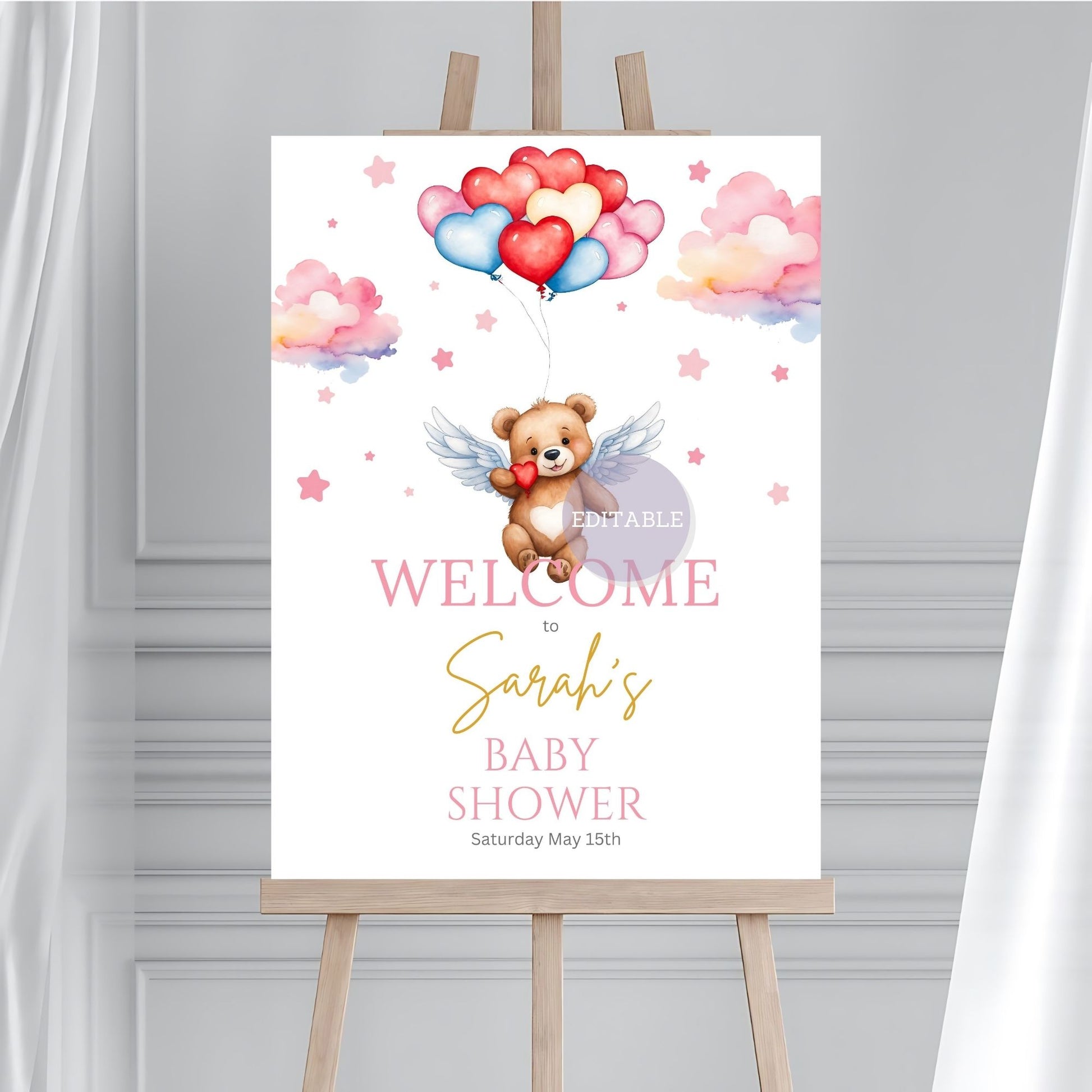 Bear baby shower welcome sign with angel balloons design, perfect for a baby girl celebration.
Editable bear baby shower poster featuring a balloon theme for a girl’s party decor.