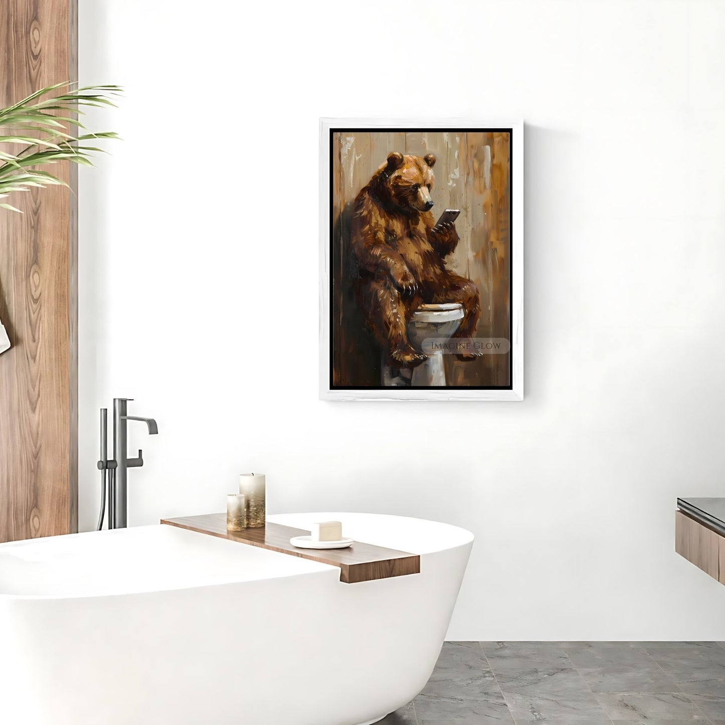 Bear using phone in bathroom wall decor