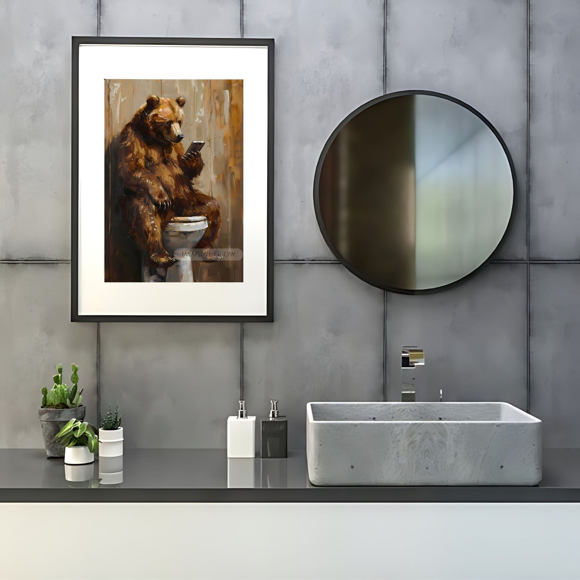 Cute bear using a phone art print for restroom