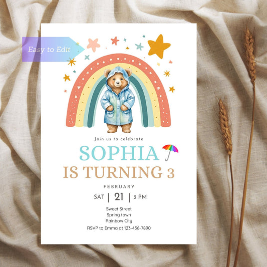 Rainbow Boho Invitation - Spring Party Invite - Bear Theme Fun Birthday Invite