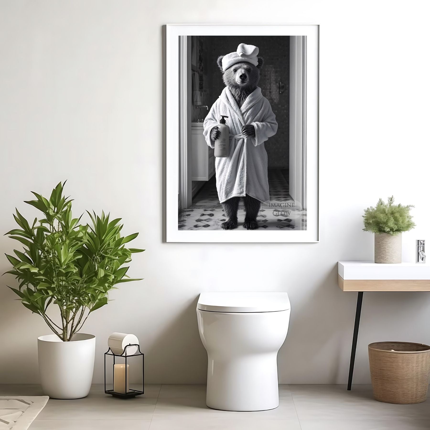 Quirky bear bathroom art for powder room decoration
