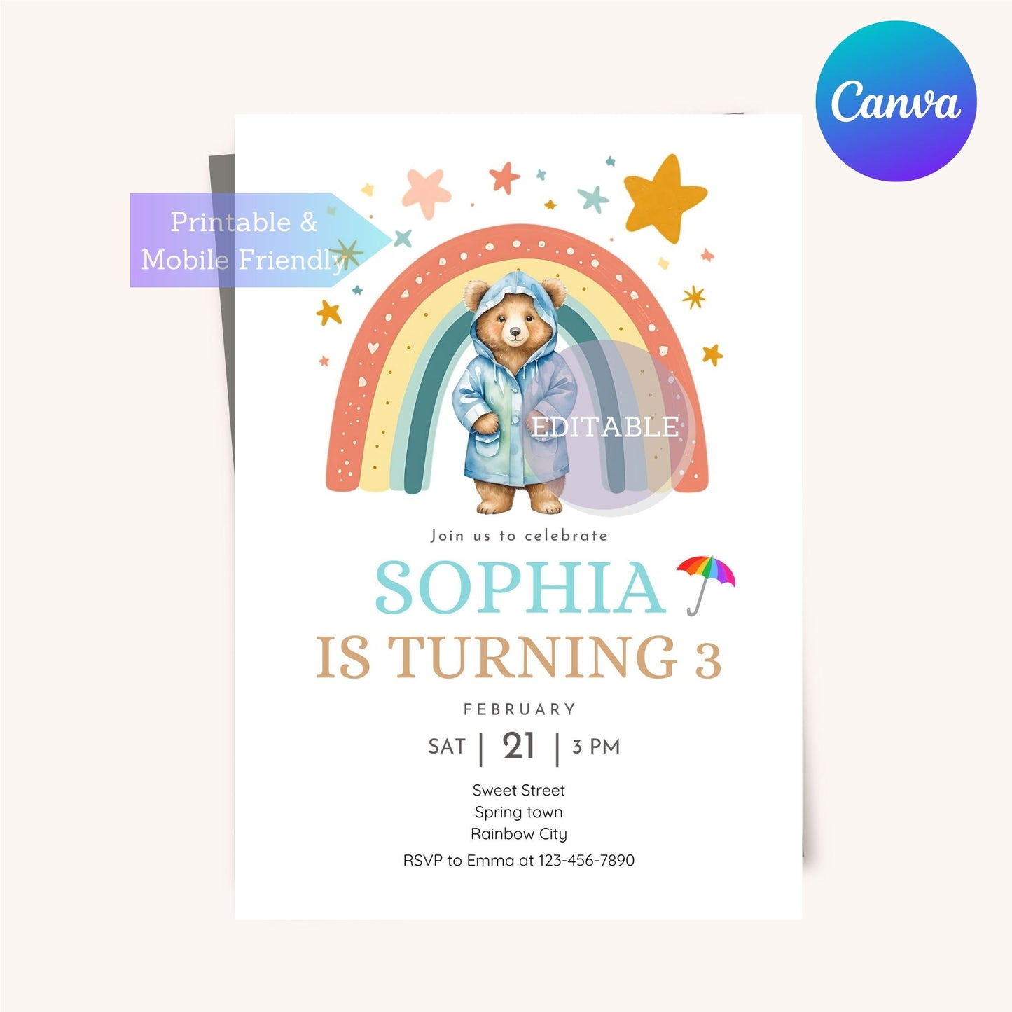 Rainbow Boho Invitation - Spring Party Invite - Bear Theme Fun Birthday Invite