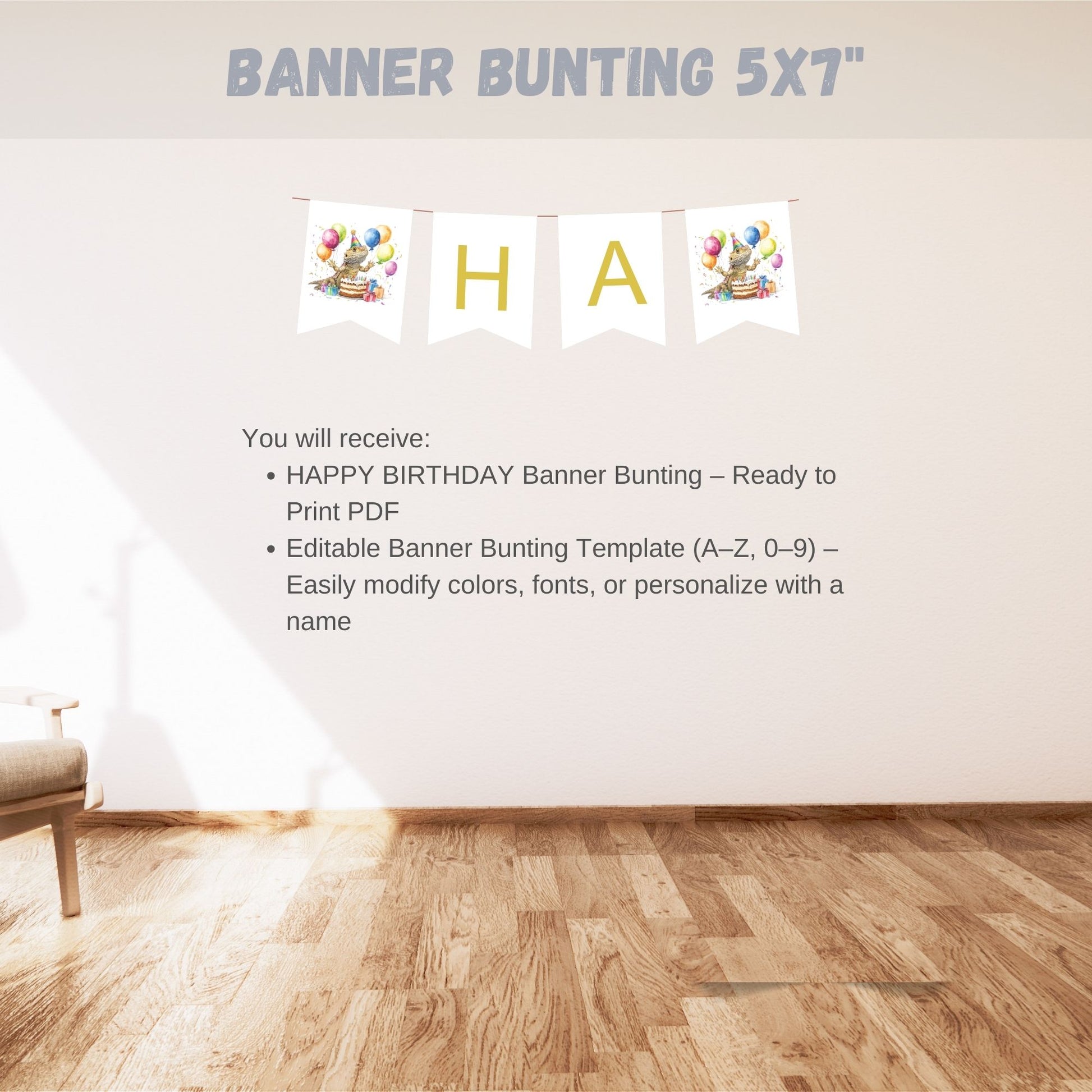 Banner bunting with 'HAPPY BIRTHDAY' text and letters on a wall.