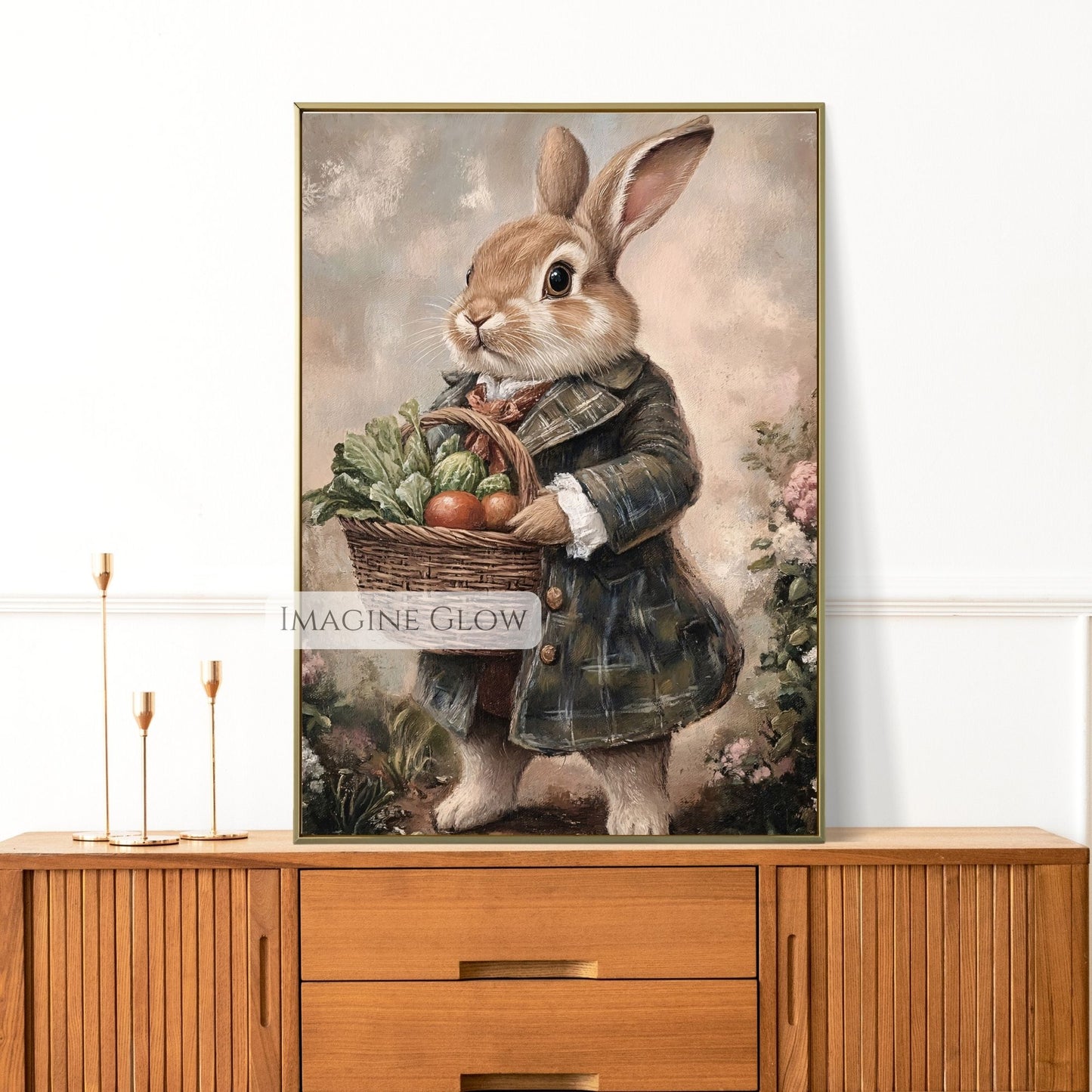 Rabbit with a basket of vegetables vintage art print.
