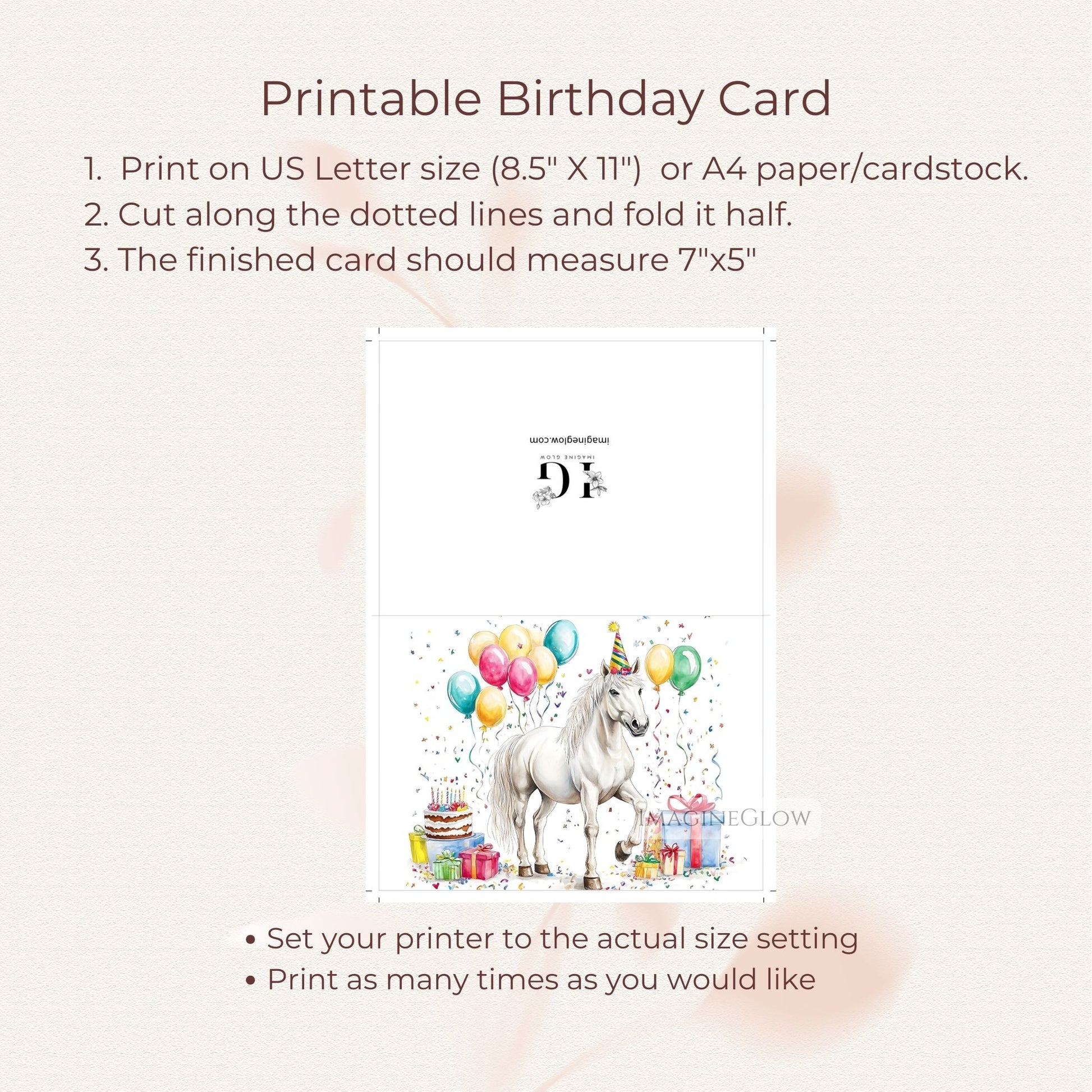beautiful white horse birthday card
horse lover printable greeting
country equestrian birthday card