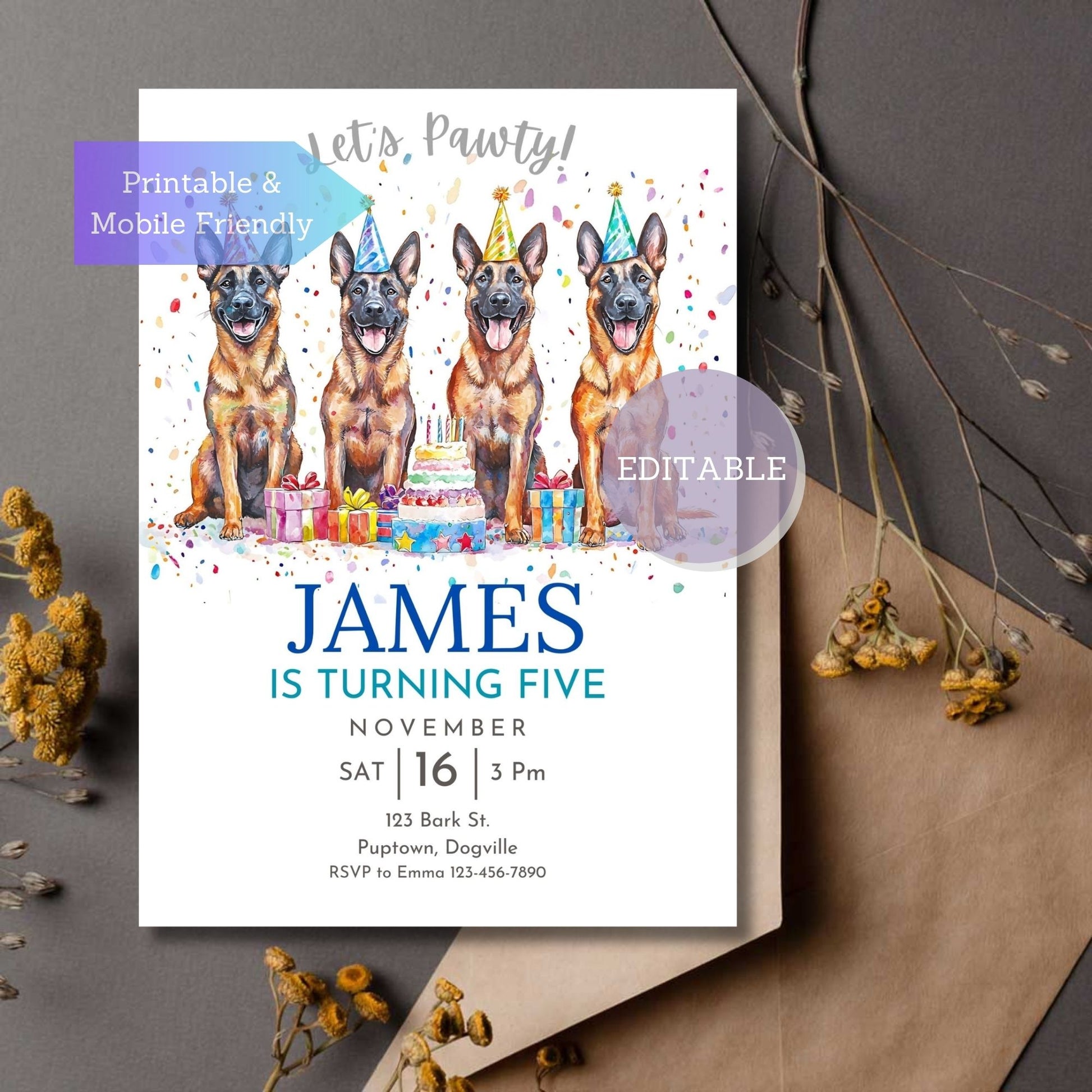 Editable Belgian Malinois dog-themed birthday invitation template