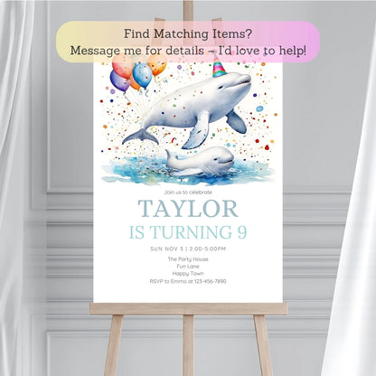 Editable beluga whale birthday card for kids' marine-themed parties.