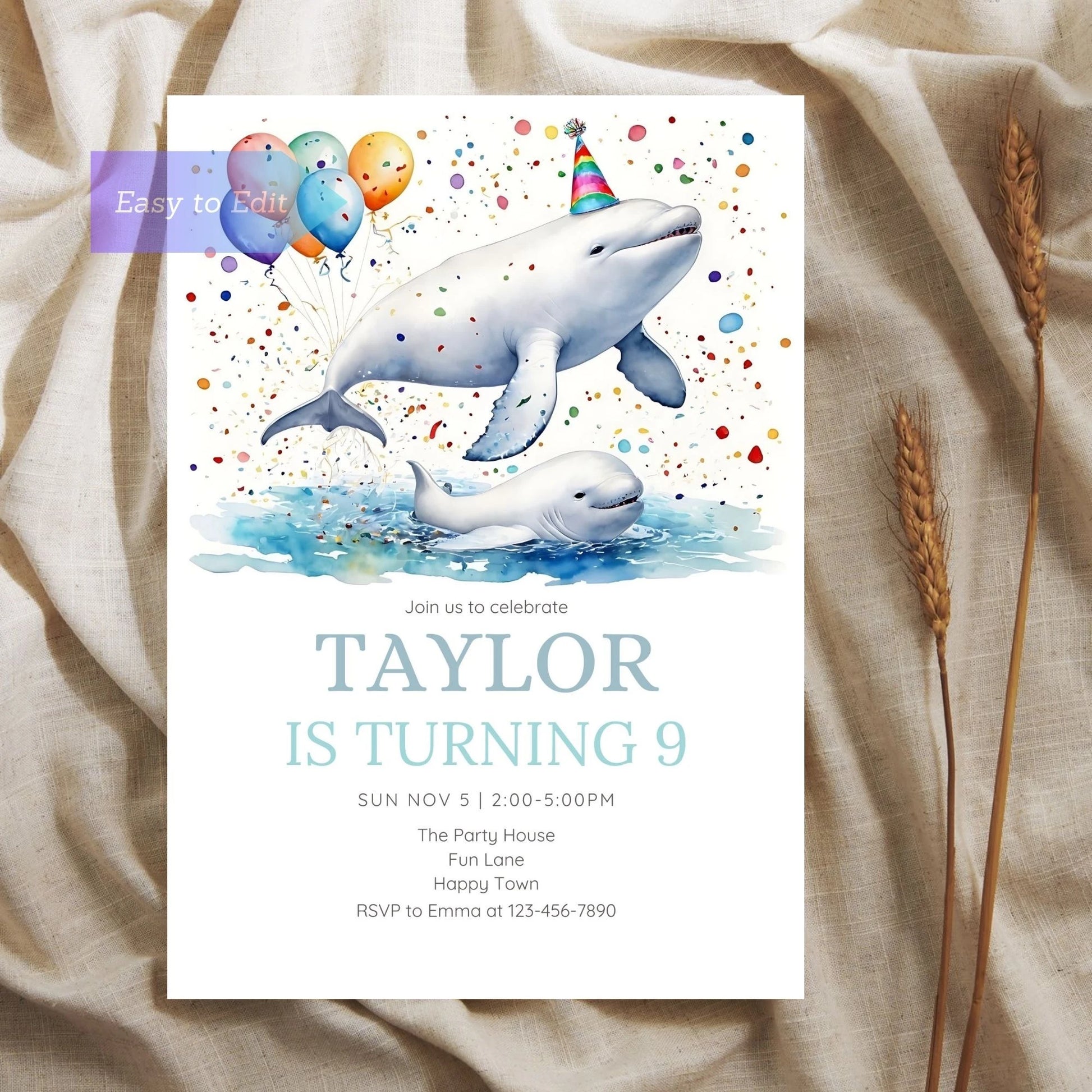 Kids’ ocean party card with a beluga whale illustration.
