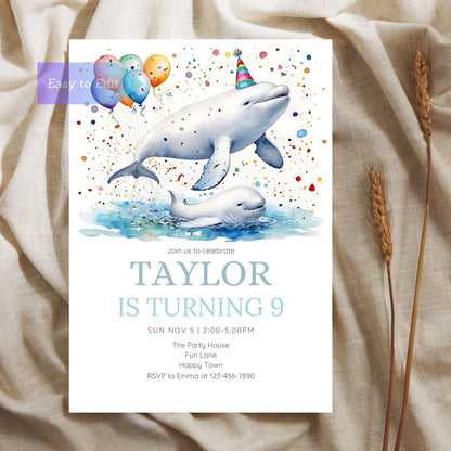 Kids’ ocean party card with a beluga whale illustration.
