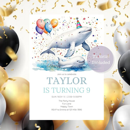 Customizable ocean party invitation with a beluga whale design.
