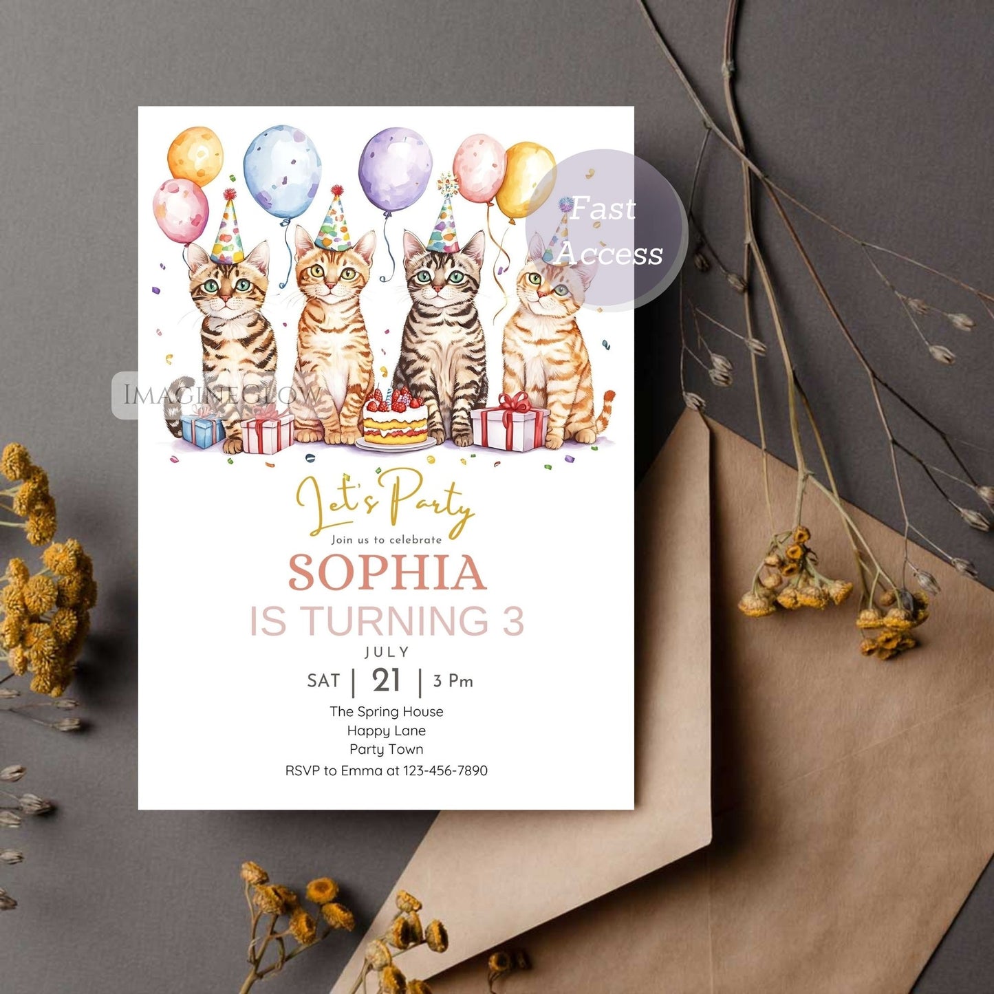 Editable Bengal cat party invite digital download
